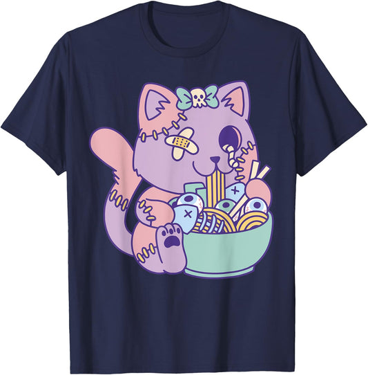 Cute Pastel Kawaii Zombie Cat Eating Ramen Halloween 2023 T-Shirt - T-Shirt | Navy