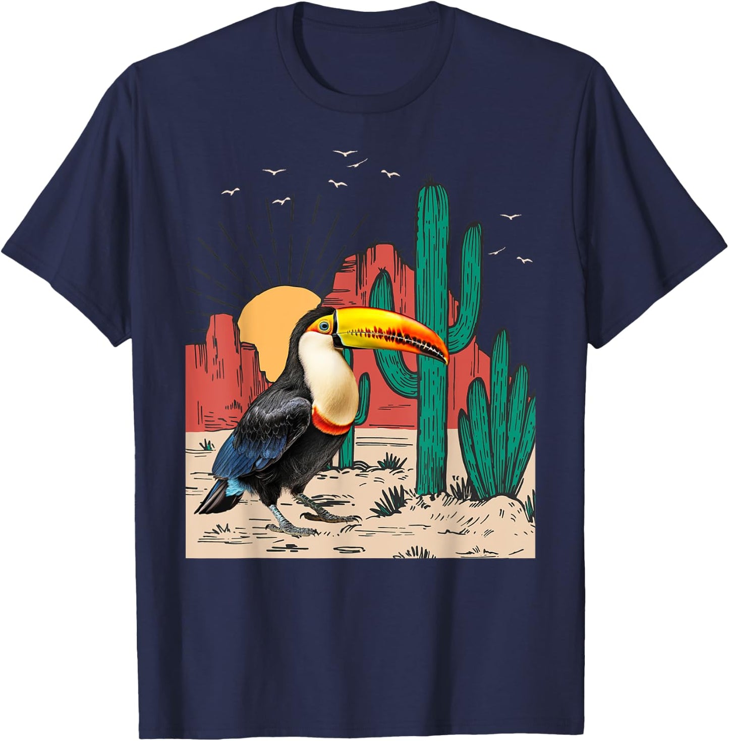 Toucans Birds Vintage Sunset Mountain Cactus Desert Toucan T-Shirt - T-Shirt | Navy