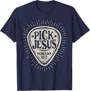 Guitar Pick Jesus Christian Music Guitarist Pastor Retro T-Shirt - T-Shirt | Navy