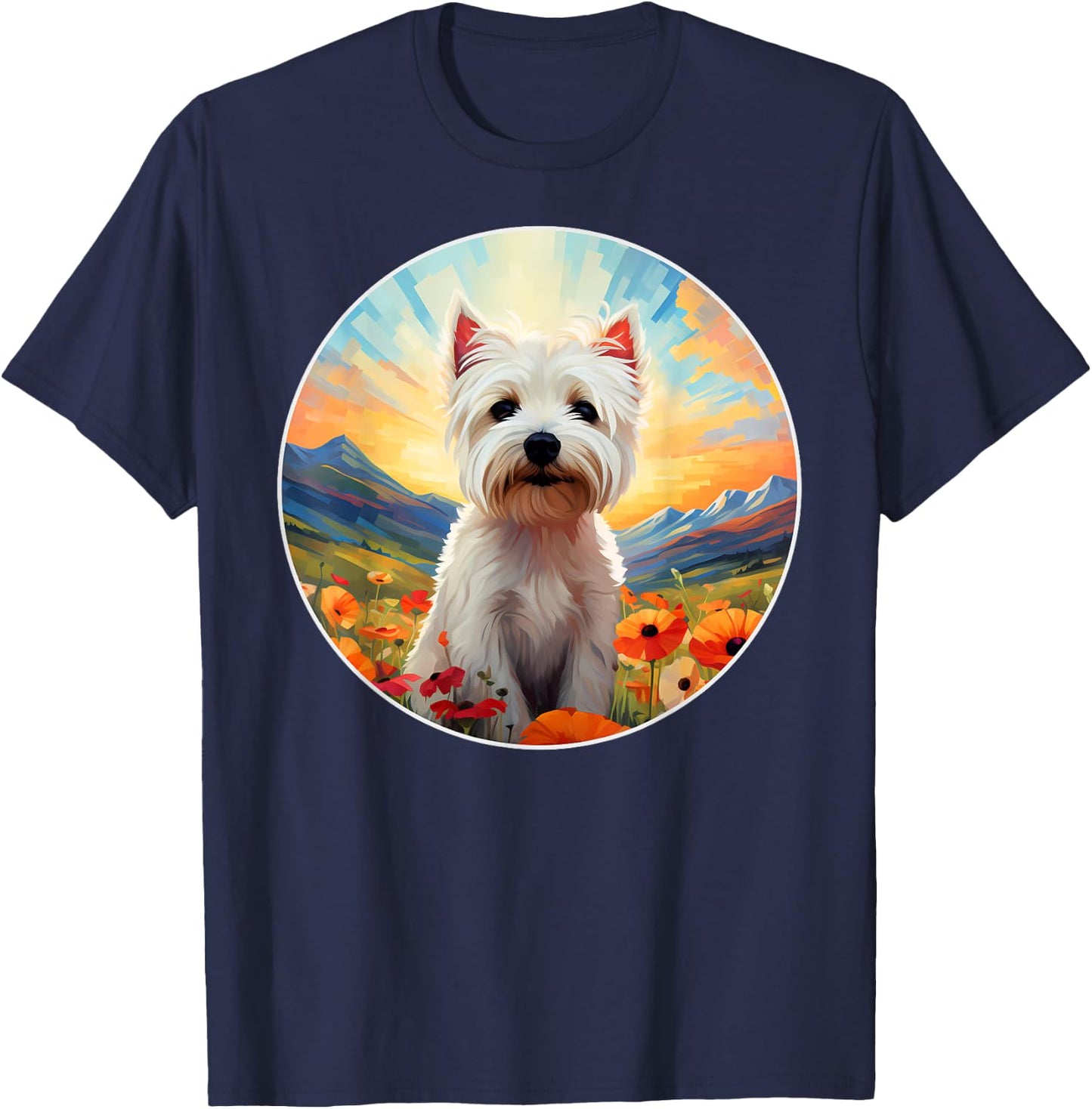 Cute West Highland Terrier Westie Flower Mountain Sunset Dog Men Women Girls Kids T-Shirt - T-Shirt | Navy