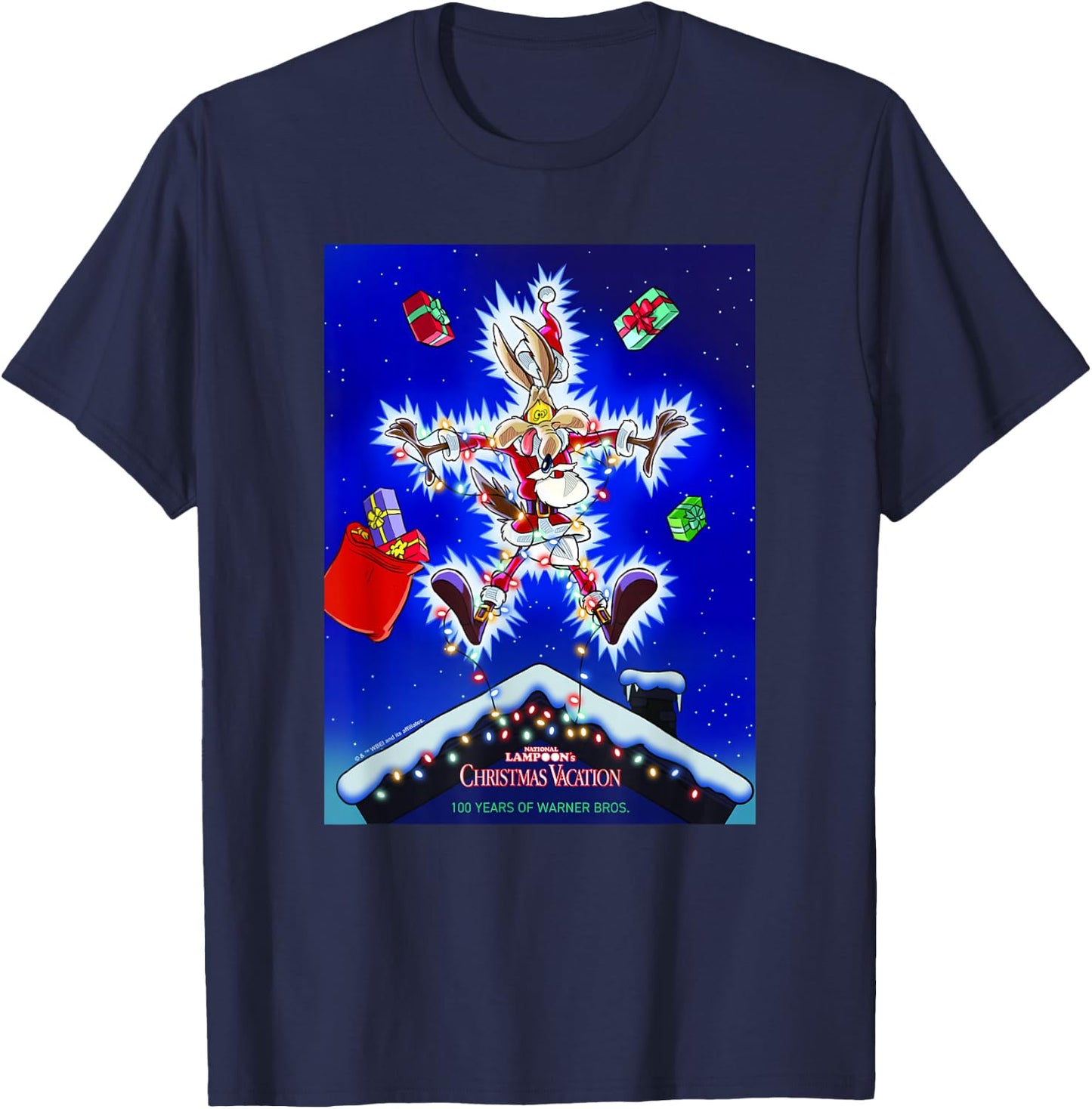 WB 100 Looney Tunes Christmas Vacation Wile E. Coyote Santa T-Shirt - T-Shirt | Navy