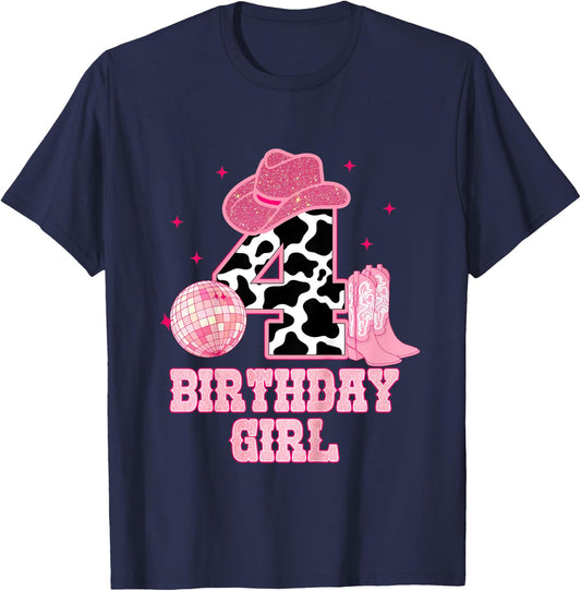 Happy 4th Birthday Girl Outfit Rodeo Western Cowgirl Cowboy T-Shirt - T-Shirt | Navy