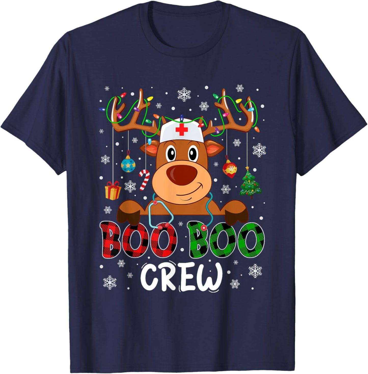 Reindeer Boo Boo Crew Nurse Buffalo Plaid Christmas Nurse T-Shirt - T-Shirt | Navy