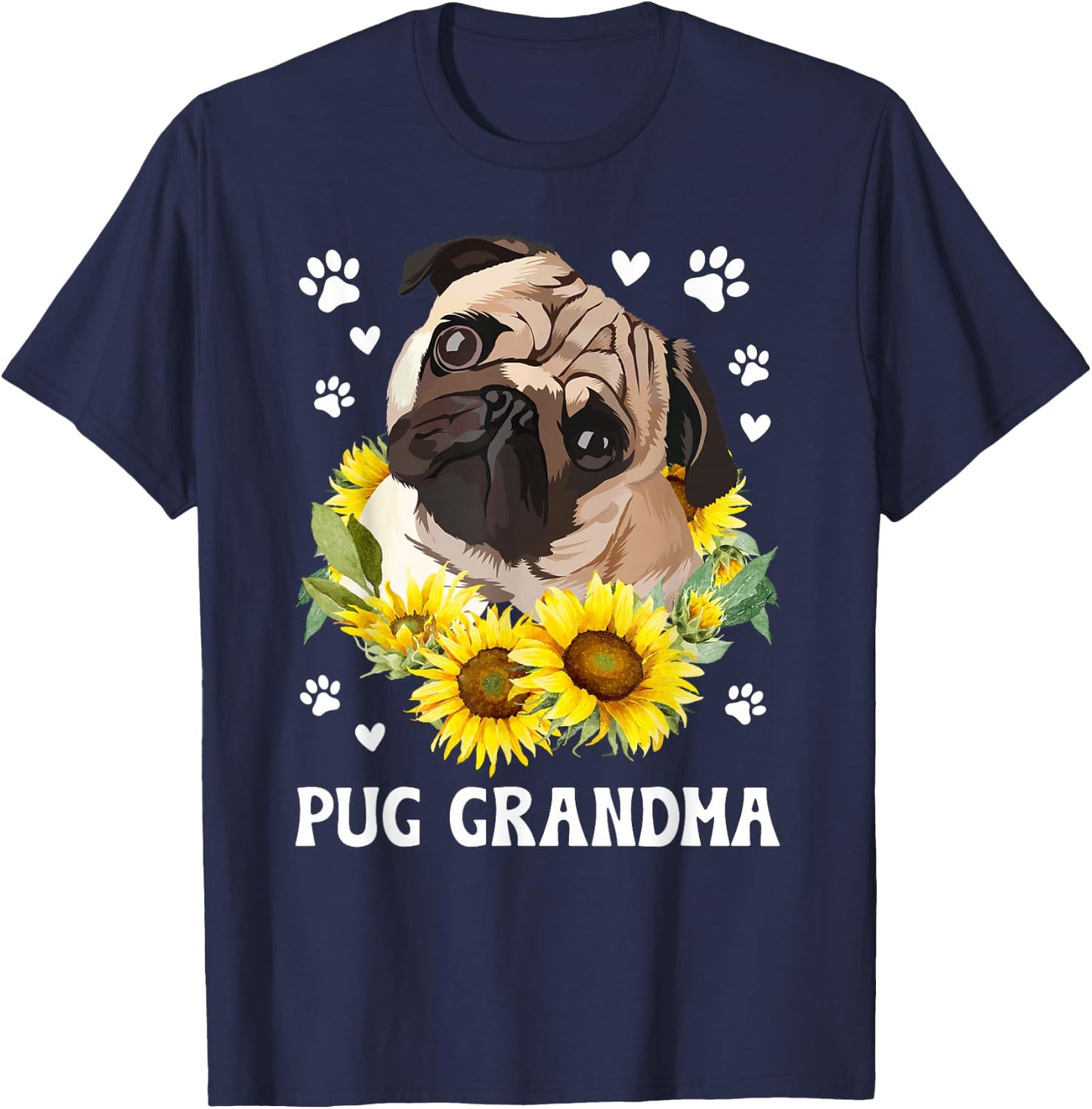 Pug Grandma Flowers Grandma Of A Pug Grandmother T-Shirt - T-Shirt | Navy