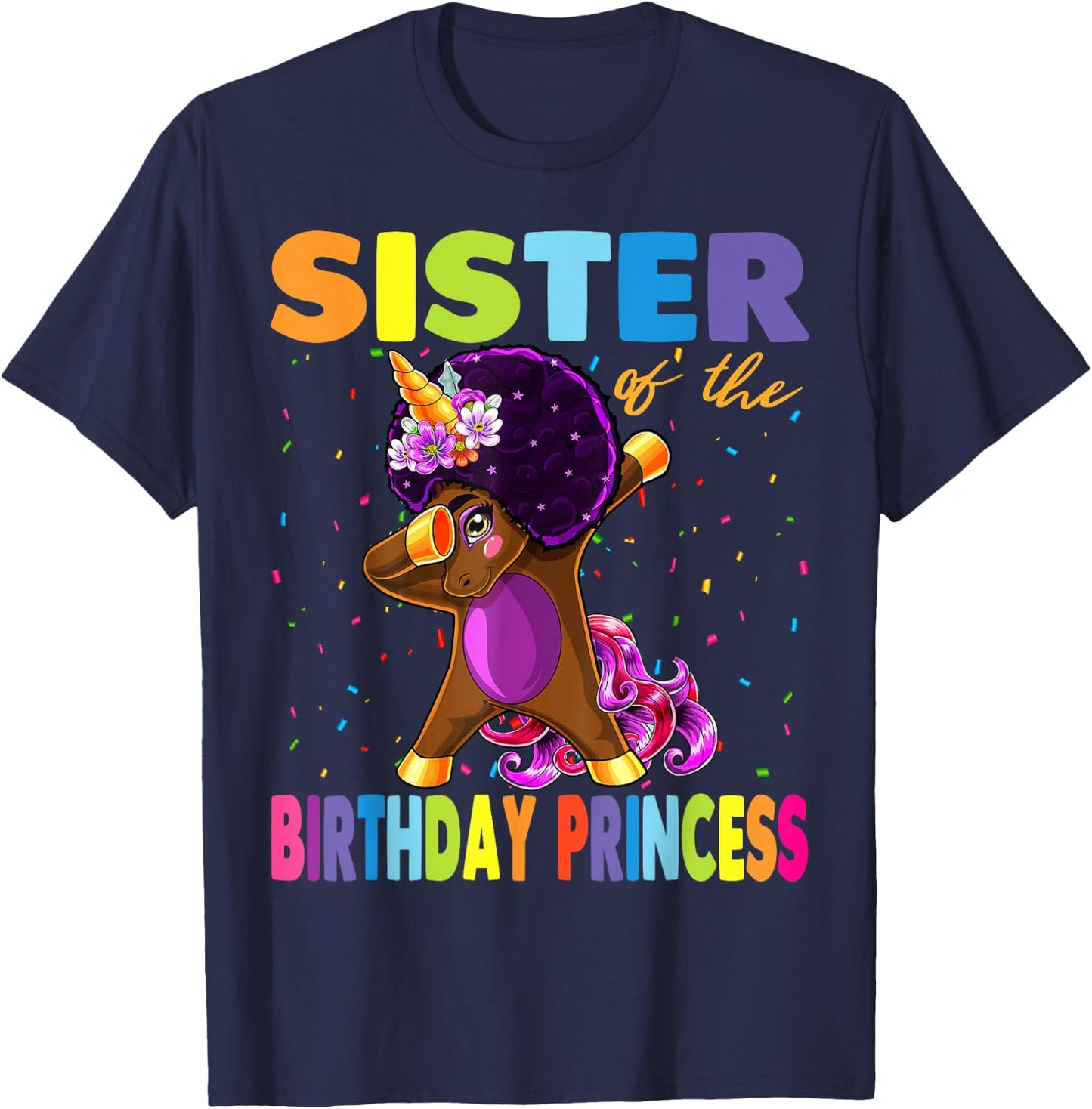 Dabbing Unicorn Afro Sister of the Birthday Princess T-Shirt - T-Shirt | Navy
