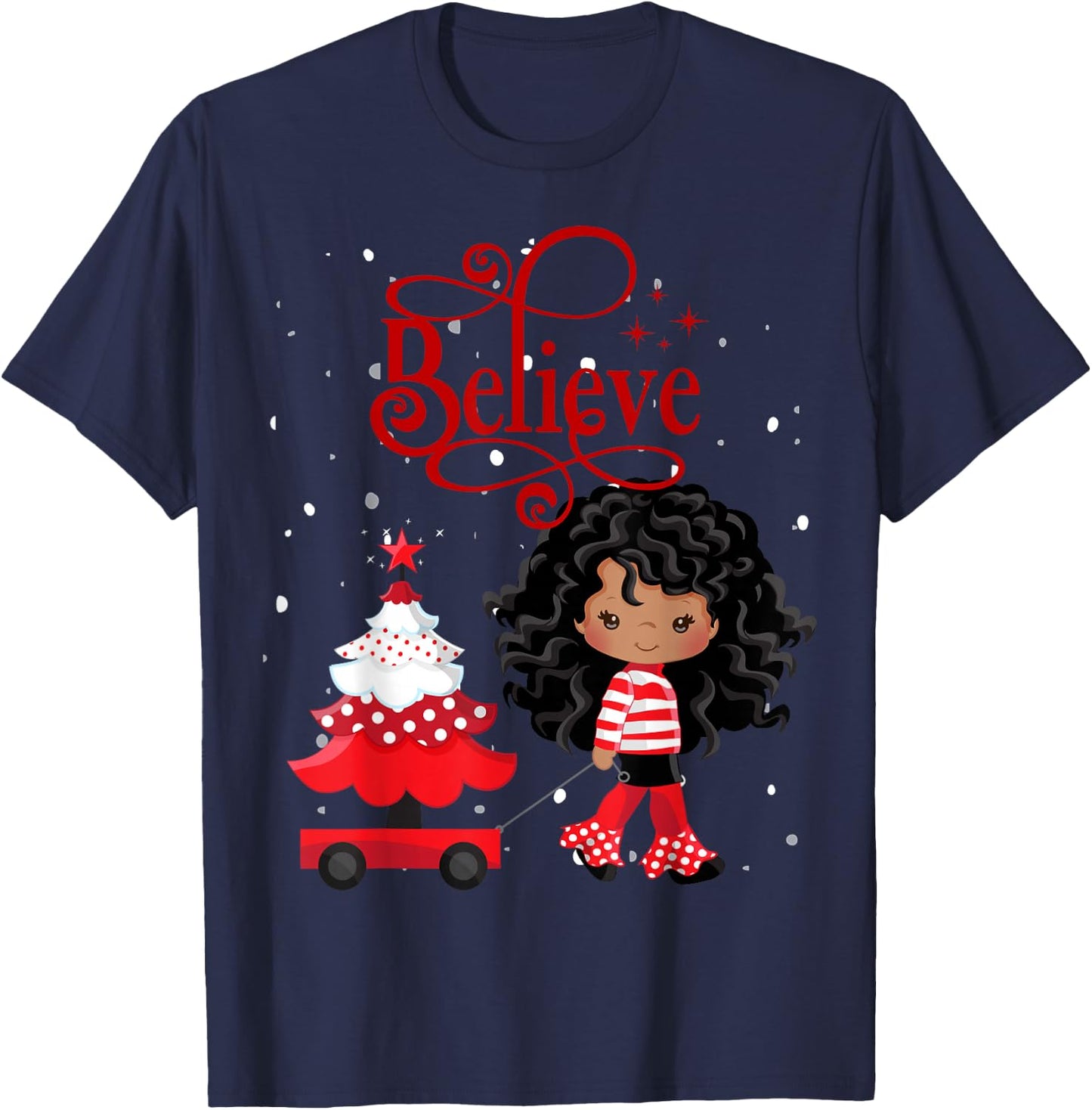 Black Girl Santa Holiday African American Christmas Believe T-Shirt - T-Shirt | Navy