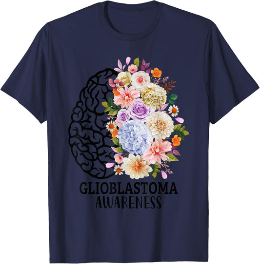 Floral Glioblastoma Awareness Month Brain Cancer Go Gray T-Shirt - T-Shirt | Navy