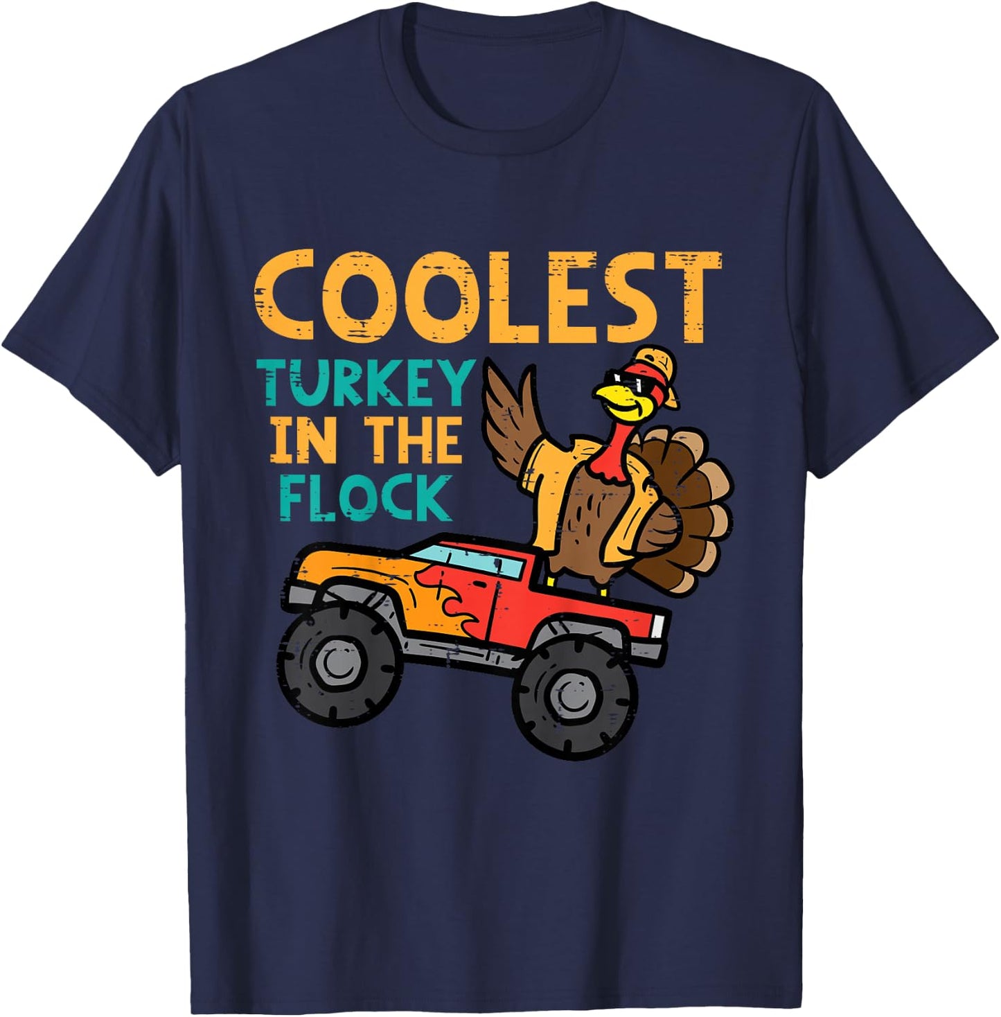Kids Thanksgiving Monster Truck Coolest Turkey Flock Toddler Boys T-Shirt - T-Shirt | Navy