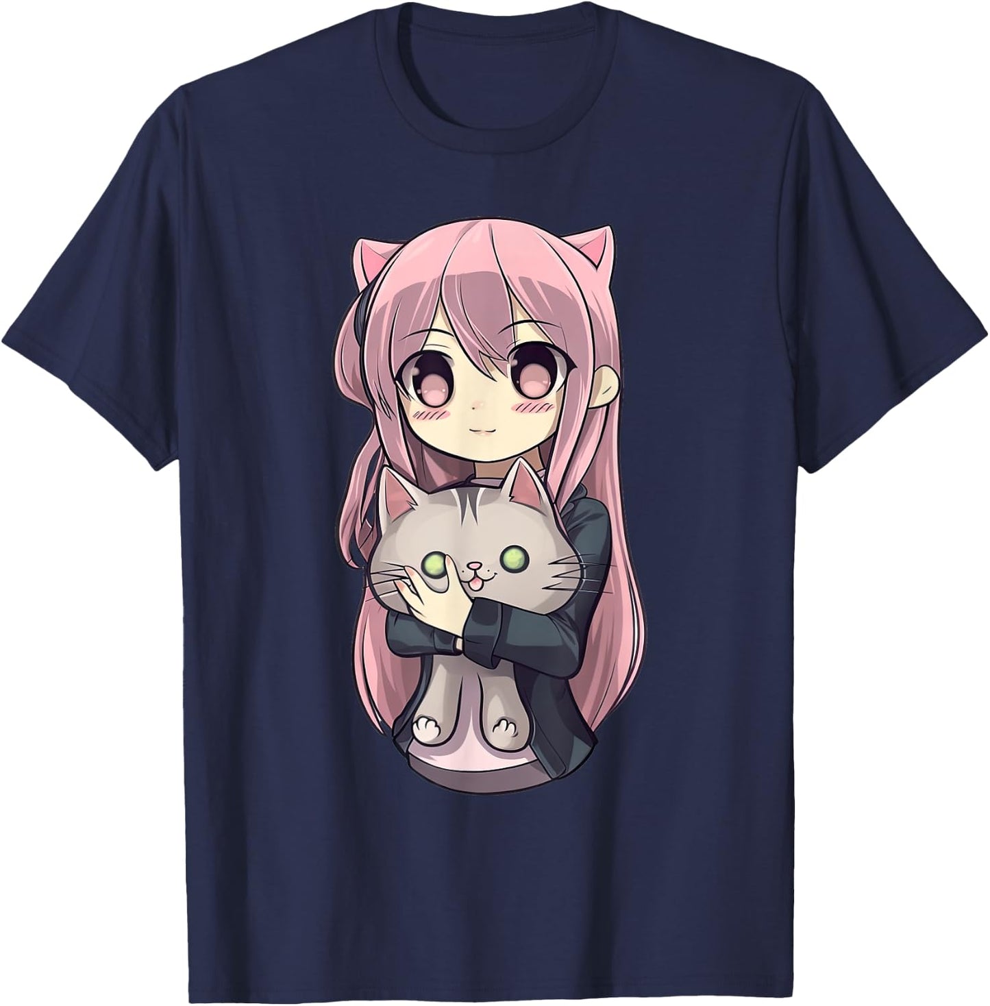 Anime and Cats Kawaii Cute Teen Otaku Girl with Cat T-Shirt - T-Shirt | Navy