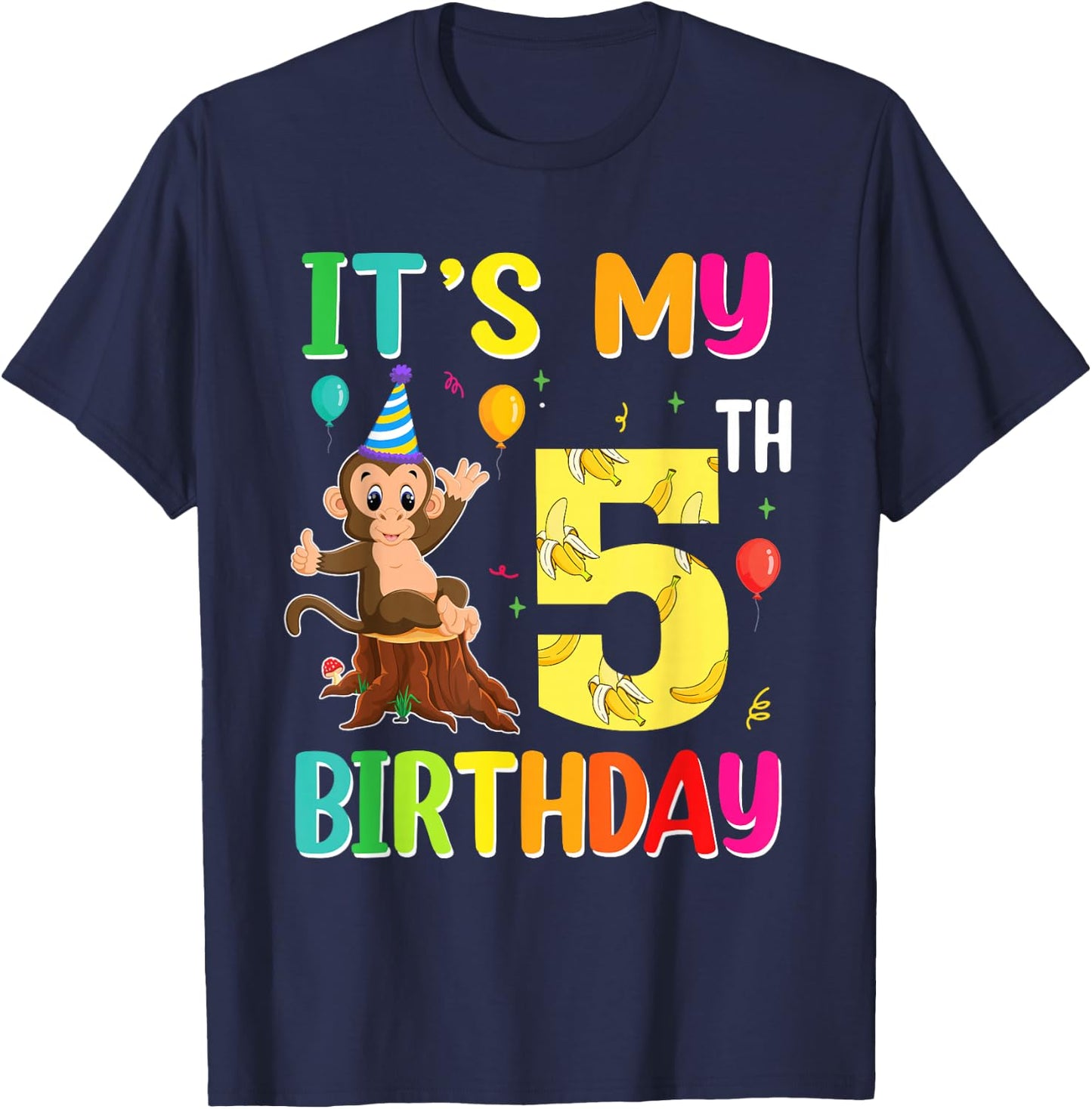 It's My 5th Birthday Monkey 5 Year Old Boy Girl T-Shirt - T-Shirt | Navy