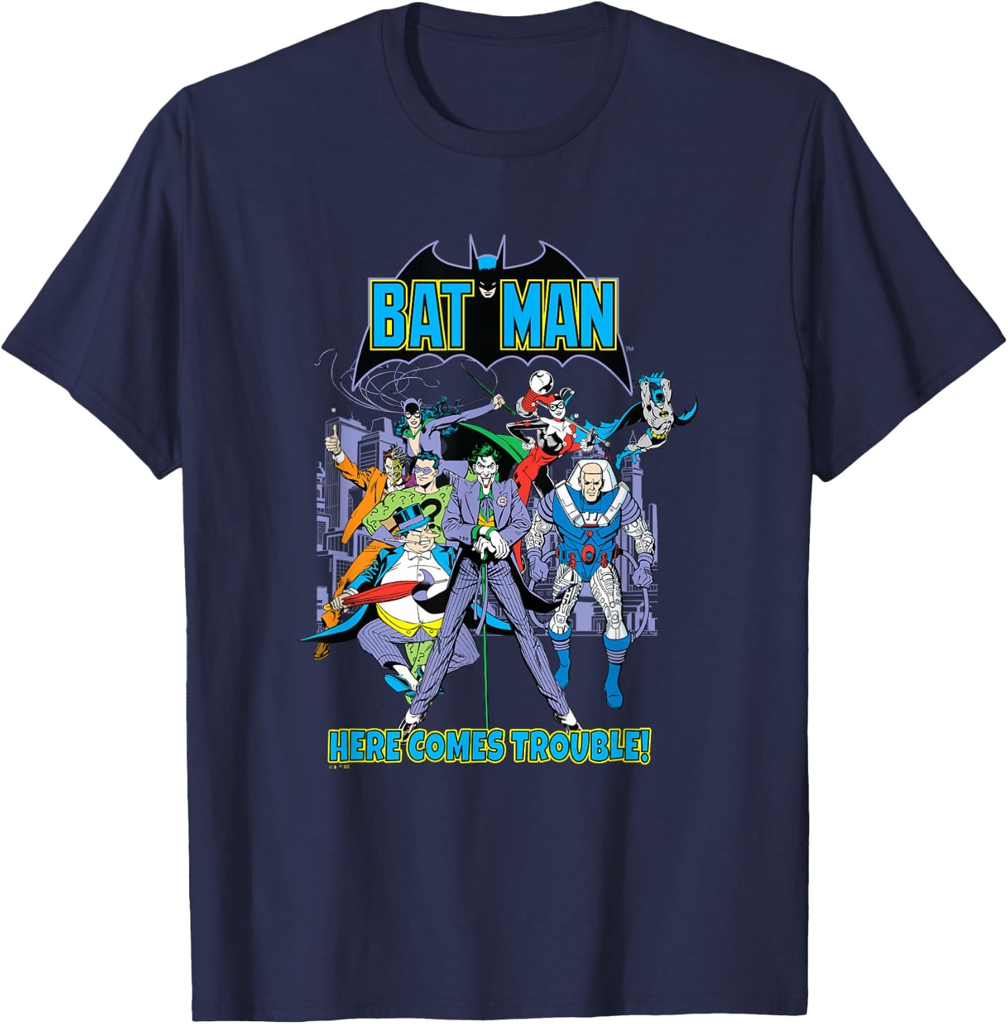 DC Comics Batman Here Comes Trouble! Villain Team Group Shot T-Shirt - T-Shirt | Navy