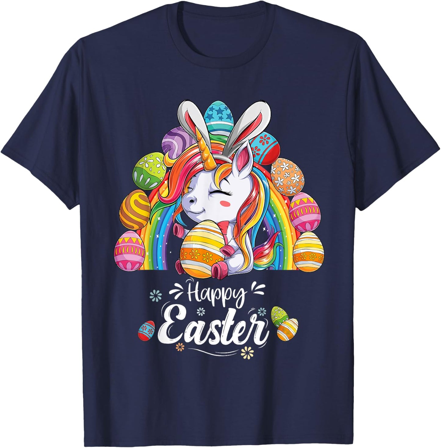 Unicorn Happy Easter Day bunny Rainbow egg Girls Kids T-Shirt - T-Shirt | Navy