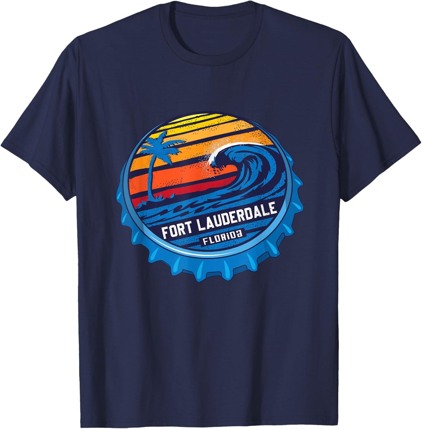 Palm Tree Ocean Wave On Bottle Cap Fort Lauderdale Florida T-Shirt - T-Shirt | Navy