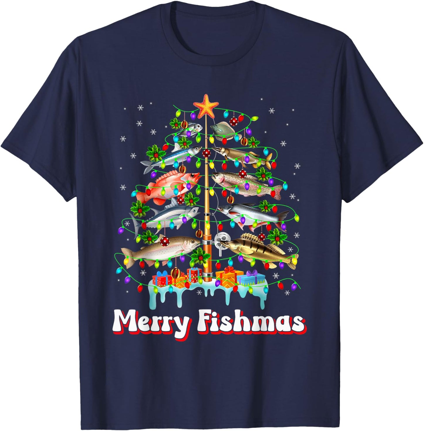 Merry Fishmas Christmas Tree Funny Fish Fishing Fisherman T-Shirt - T-Shirt | Navy