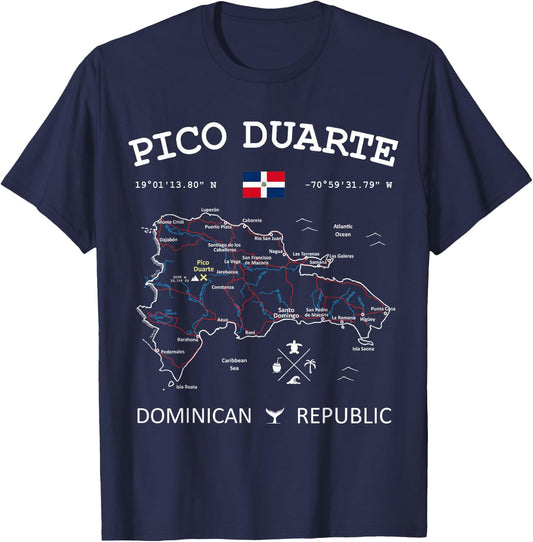 PICO DUARTE Dominican Republic Flag Map GPS Coordinates T-Shirt - T-Shirt | Navy