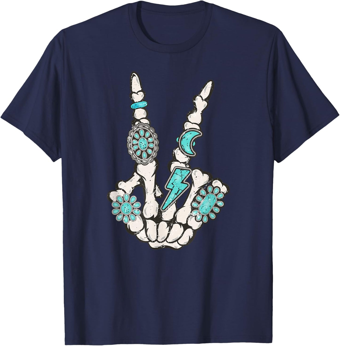 Skeleton Turquoise Hand Western Rodeo Cowboy Cowgirl T-Shirt - T-Shirt | Navy