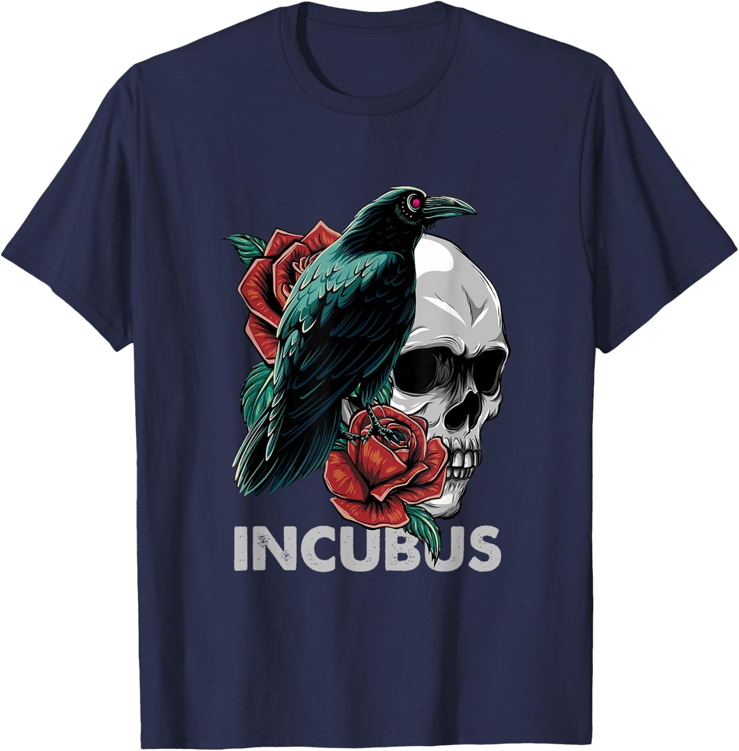 Halloween Graphic Incubus-Crow Left Skull Morning And Flower T-Shirt - T-Shirt | Navy