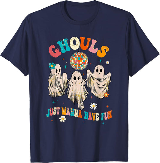 Groovy Ghouls Just Wanna Have Fun Halloween Spooky Season T-Shirt - T-Shirt | Navy