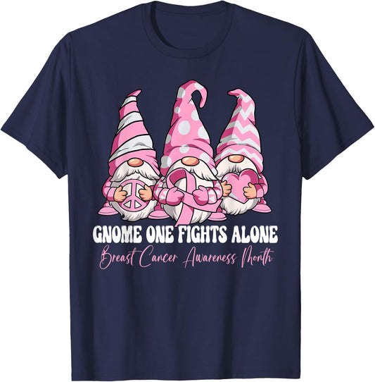 Gnome One Fights Alone Breast Cancer Awareness Month T-Shirt - T-Shirt | Navy
