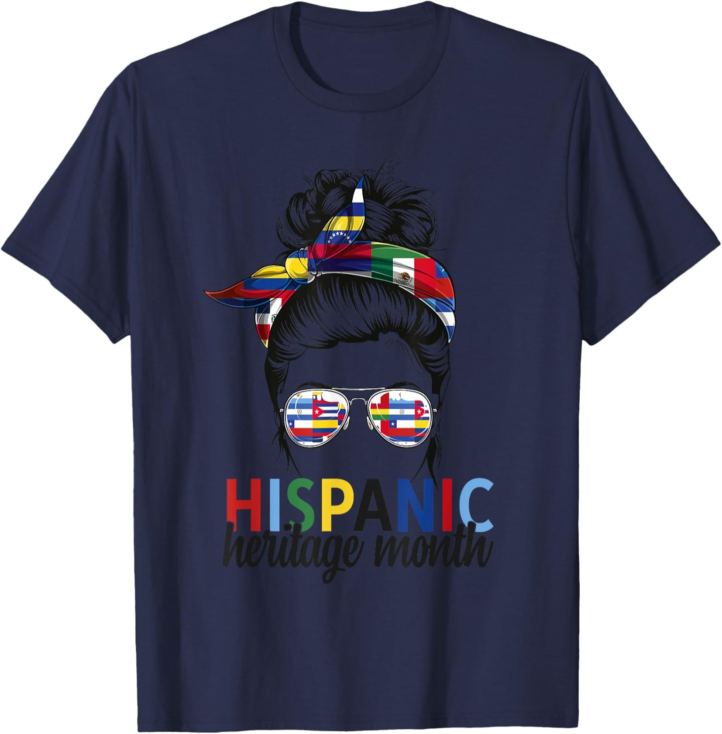 Hispanic Heritage Month all Countries Flags women messy bun T-Shirt - T-Shirt | Navy