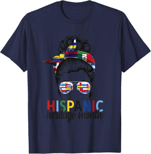 Hispanic Heritage Month all Countries Flags women messy bun T-Shirt - T-Shirt | Navy