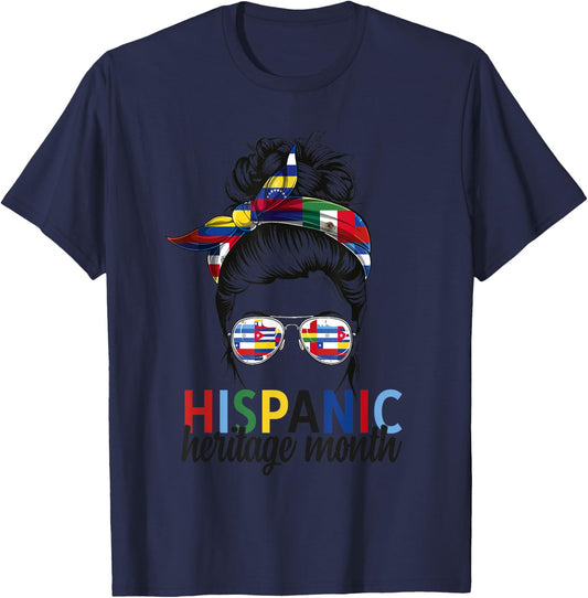 Hispanic Heritage Month all Countries Flags women messy bun T-Shirt - T-Shirt | Navy