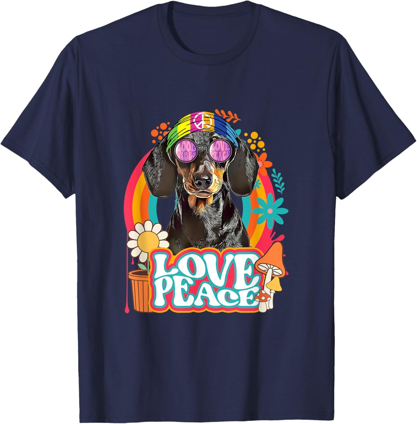 Hippie Dachshund Dog Retro 60s 70s Peace Sign Love T-Shirt - T-Shirt | Navy