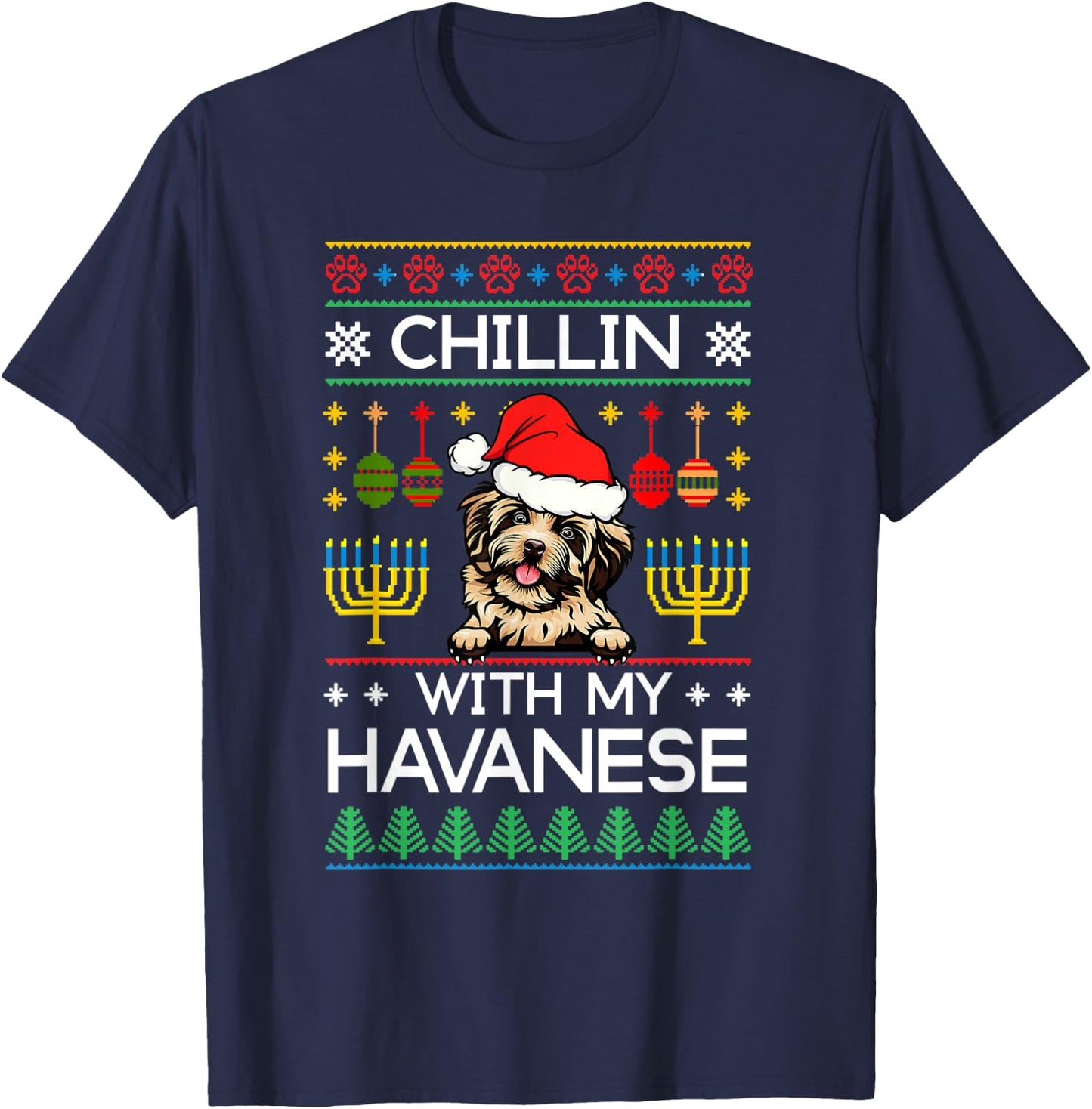 Ugly Christmas Hanukkah Chillin With My Havanese Menorah T-Shirt - T-Shirt | Navy