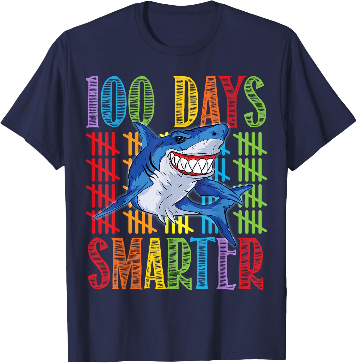 Funny Shark 100 Days Smarter 100 Days of School T-Shirt - T-Shirt | Navy