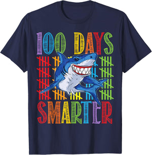 Funny Shark 100 Days Smarter 100 Days of School T-Shirt - T-Shirt | Navy