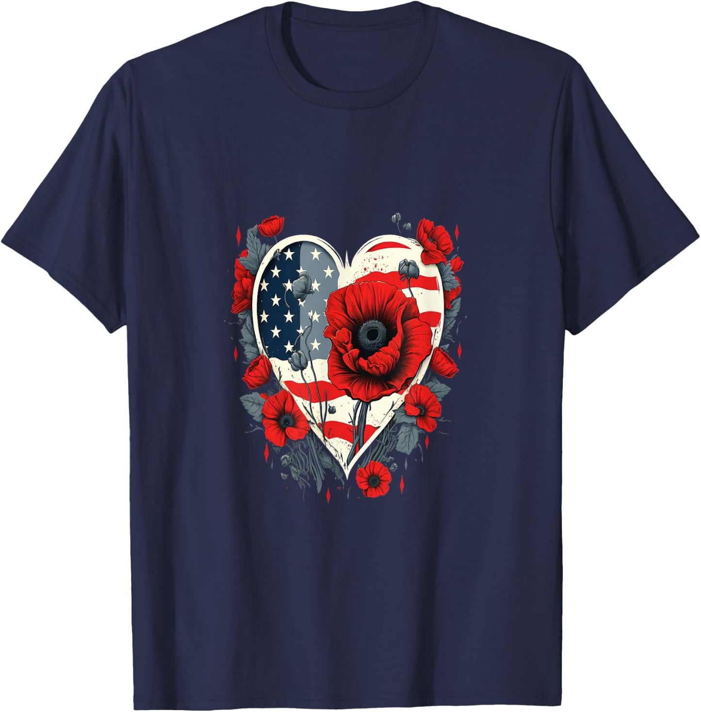 Memorial Day Red Poppy Flower USA Heart Flag 4th of July T-Shirt - T-Shirt | Navy