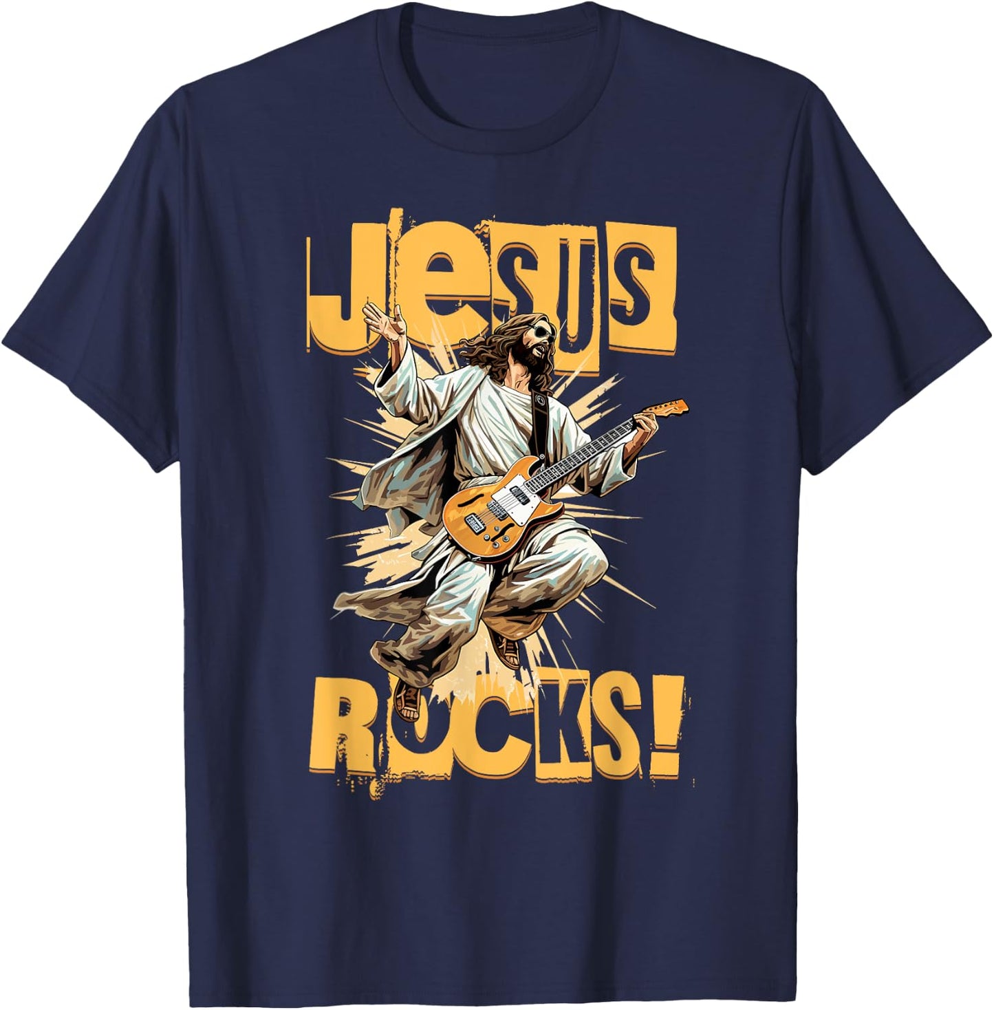 Church and Jesus Is My Jam Funny Jesus Rocks! Guitar Playing Jesus Christ T-Shirt - T-Shirt | Navy