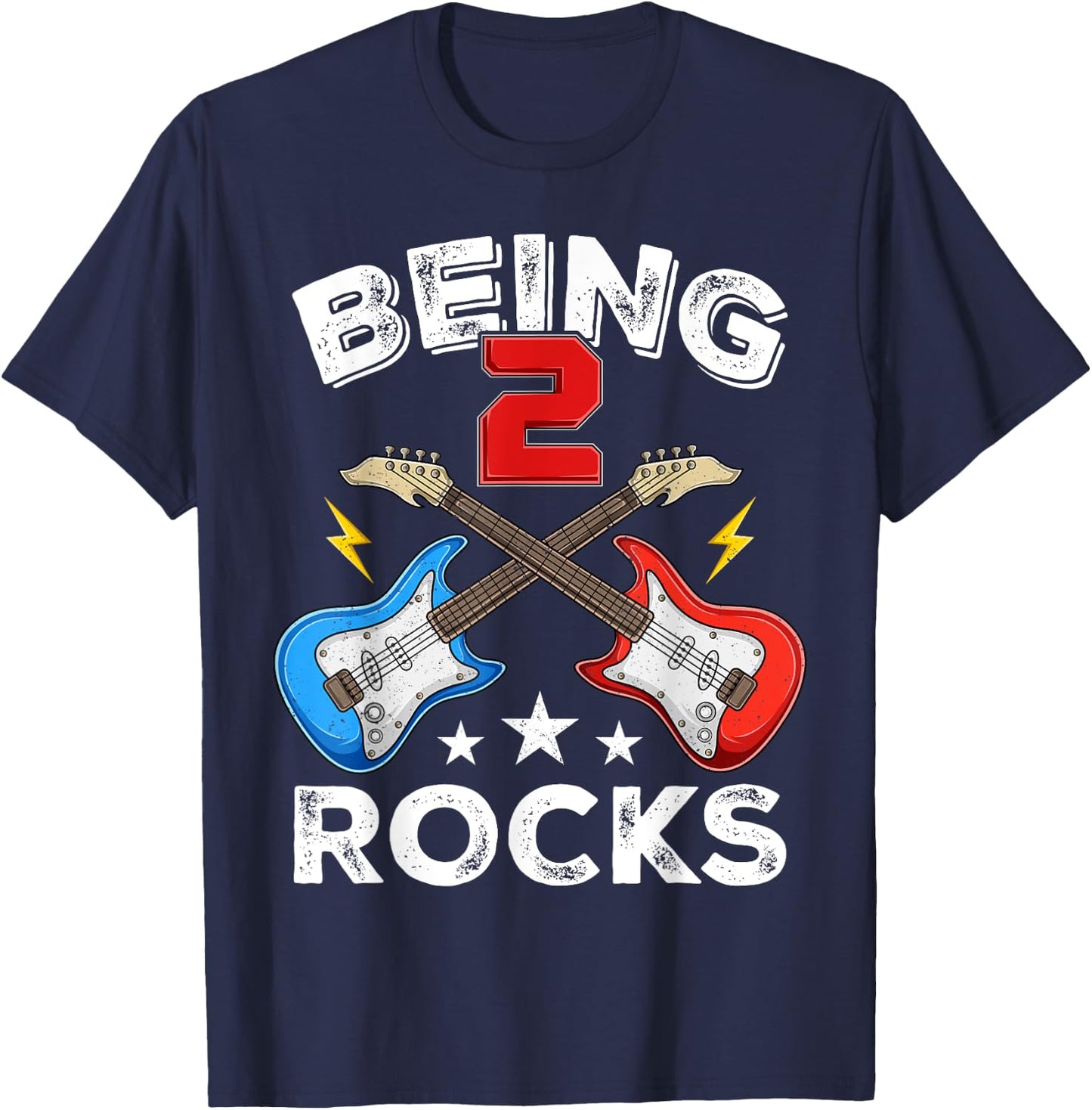 Being 2 Rocks Guitar Two Year Old Cool 2nd Birthday Kids T-Shirt - T-Shirt | Navy