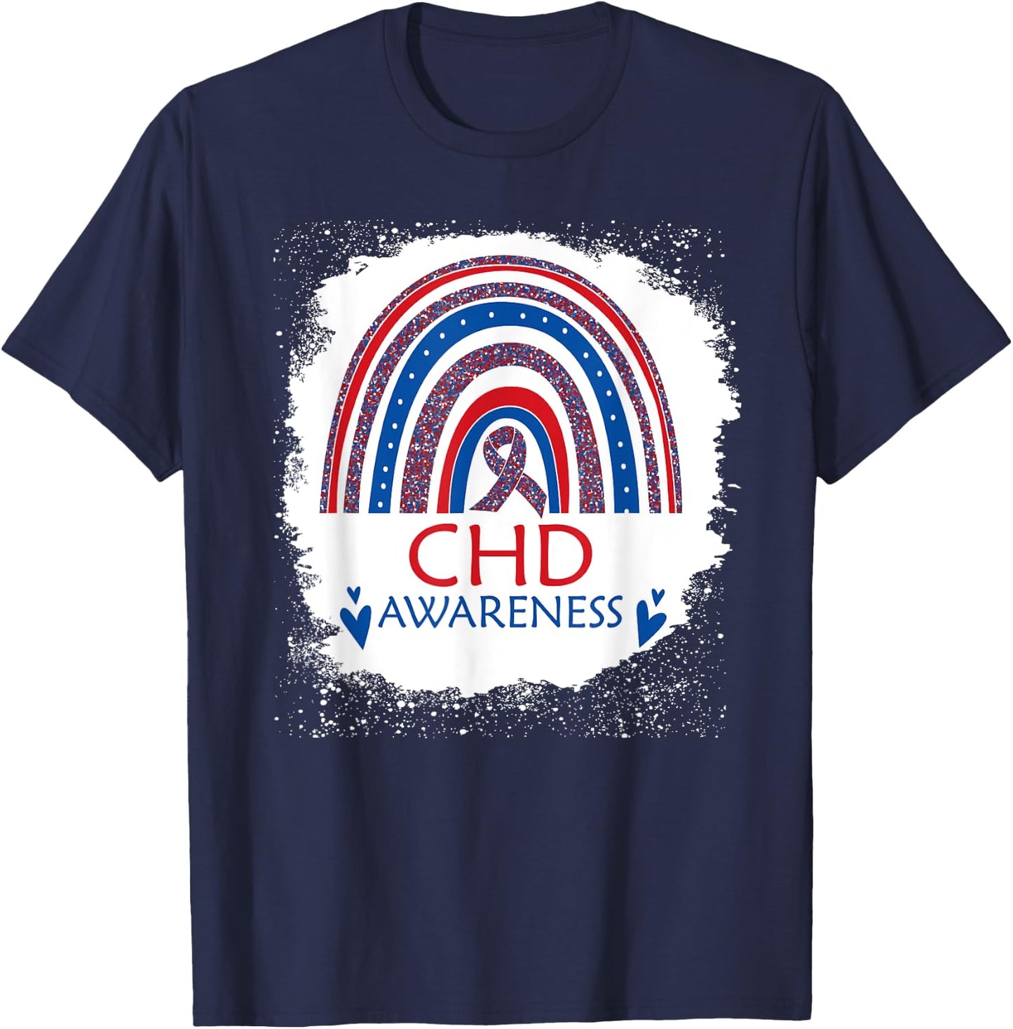 CHD Awareness Heart Disease Bleached Rainbow Blue Red Ribbon T-Shirt - T-Shirt | Navy