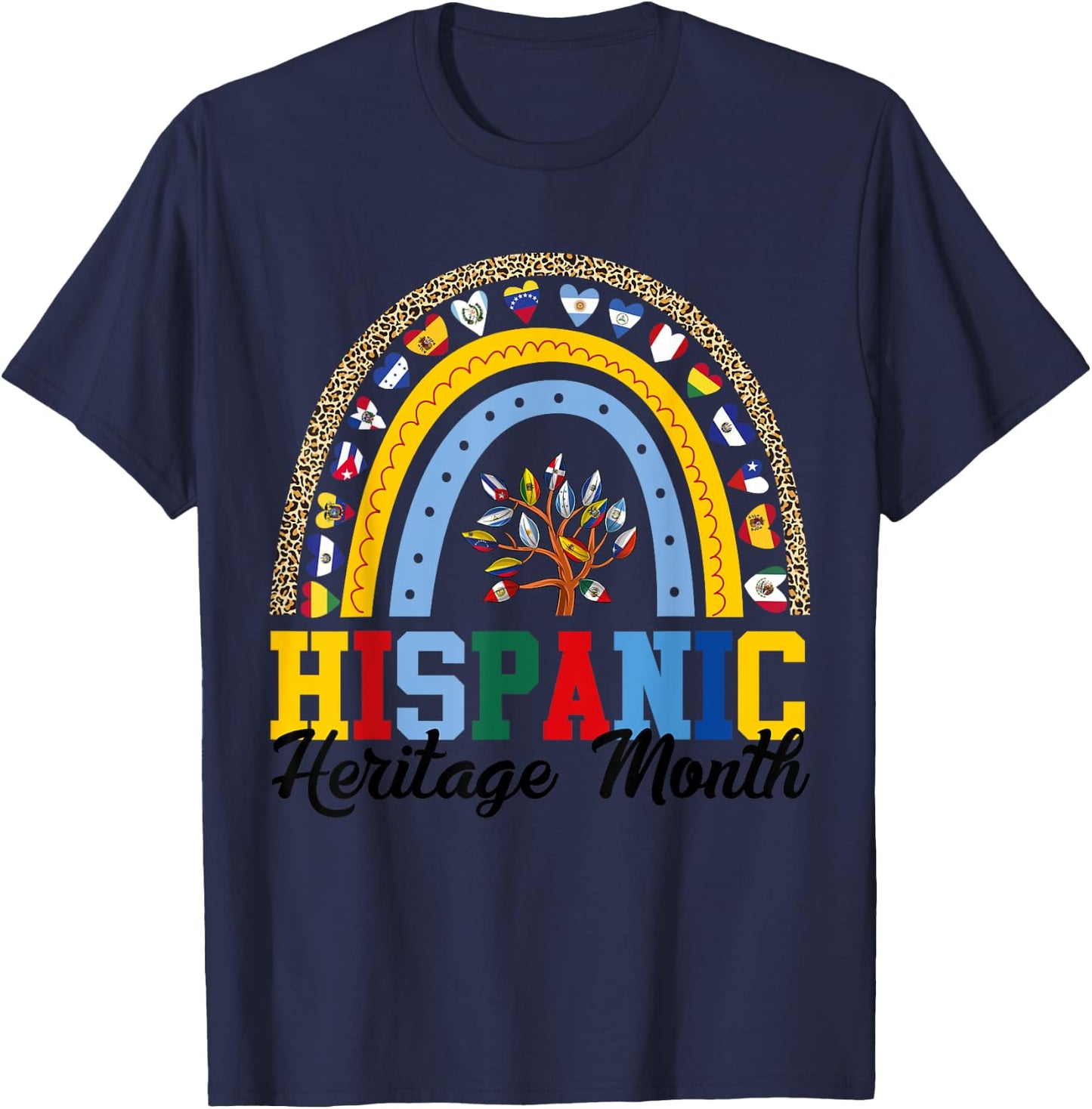 Hispanic Heritage Month all Countries Flags rainbow leopard T-Shirt - T-Shirt | Navy