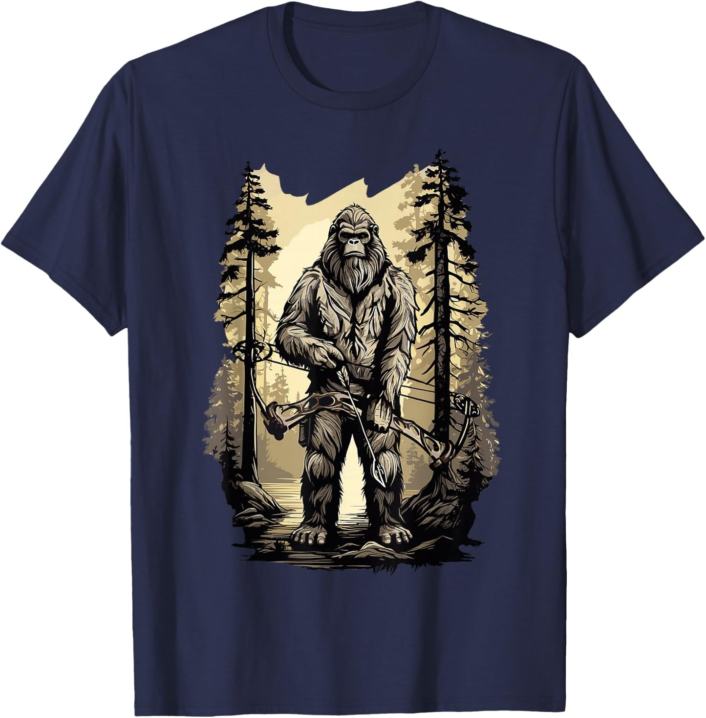 Bow Hunting Bigfoot, Funny Bow Hunting Sasquatch , Black, -Adults, Small, Short Sleeve, Classic Fit, Cotton, Polyester T-Shirt - T-Shirt | Navy