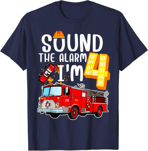 Sound The Alarm I'm 4 Fire Engine Firefighter 4th Birthday T-Shirt - T-Shirt | Navy