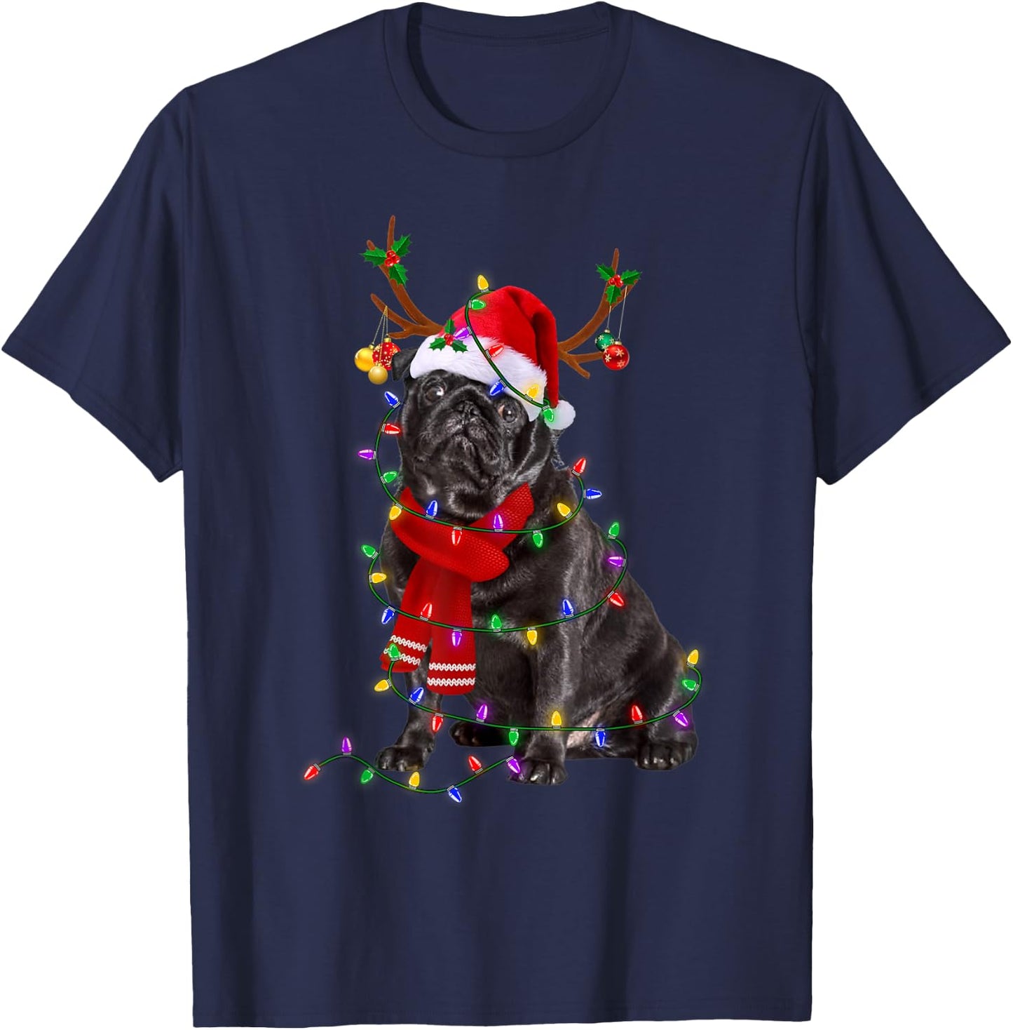 Funny Black Pug Dog Tree Christmas Lights Xmas Pajama Men Women Kids T-Shirt - T-Shirt | Navy
