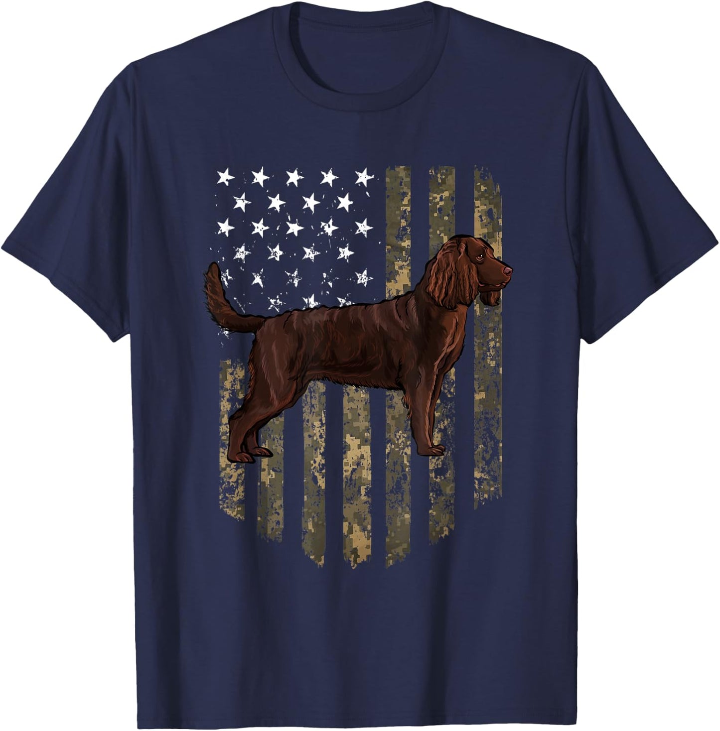Camo American Flag American Water Spaniel 4th Of July USA T-Shirt - T-Shirt | Navy