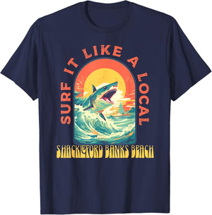 Shackleford Banks Beach Surf If Like A Local Shark Wave T-Shirt - T-Shirt | Navy