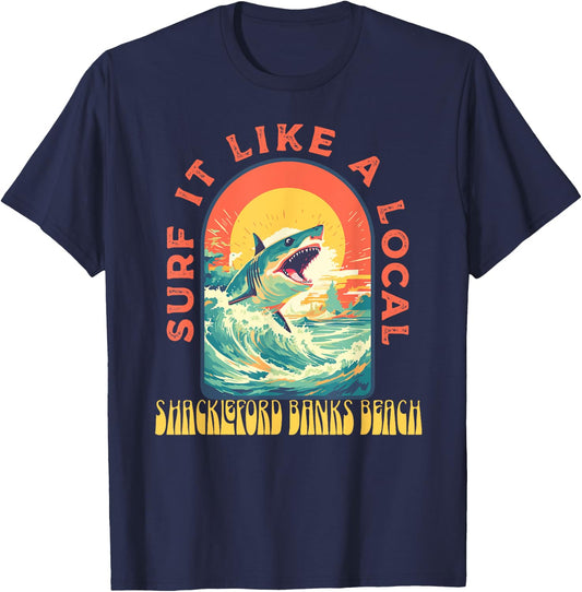 Shackleford Banks Beach Surf If Like A Local Shark Wave T-Shirt - T-Shirt | Navy