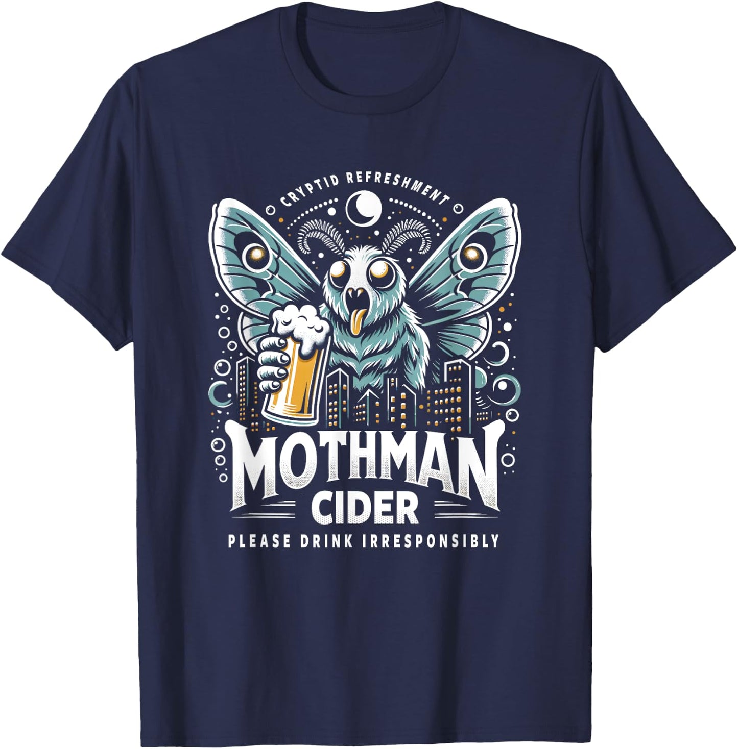 Funny Cryptid Beer Brand Parody Mothman Cider T-Shirt - T-Shirt | Navy