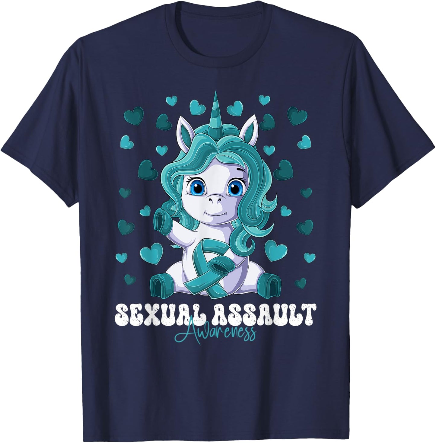 Sexual Assault Awareness Month Teal Ribbon Unicorn T-Shirt - T-Shirt | Navy