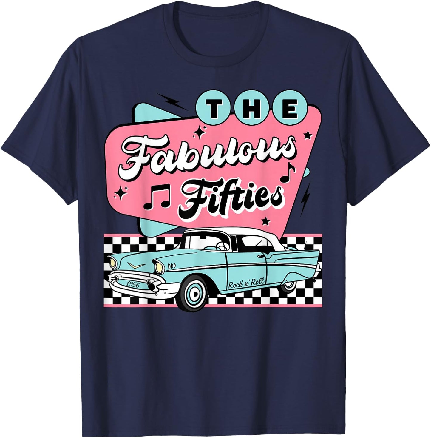 The Fifties 1950s Car Music Checkerboard Rockabilly Sock Hop T-Shirt - T-Shirt | Navy