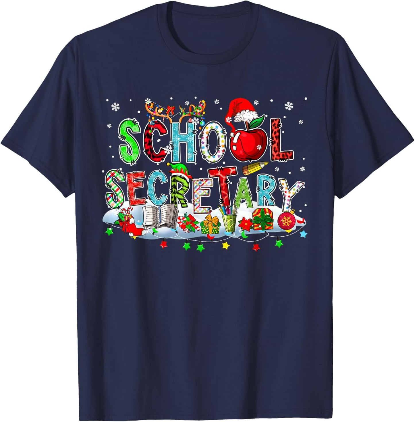 School Secretary Xmas Leopard Plaid Santa Reindeer Elf Books T-Shirt - T-Shirt | Navy