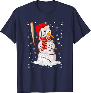 Baseball Player Snowman Balls Snow Christmas Pajama Xmas PJ T-Shirt - T-Shirt | Navy