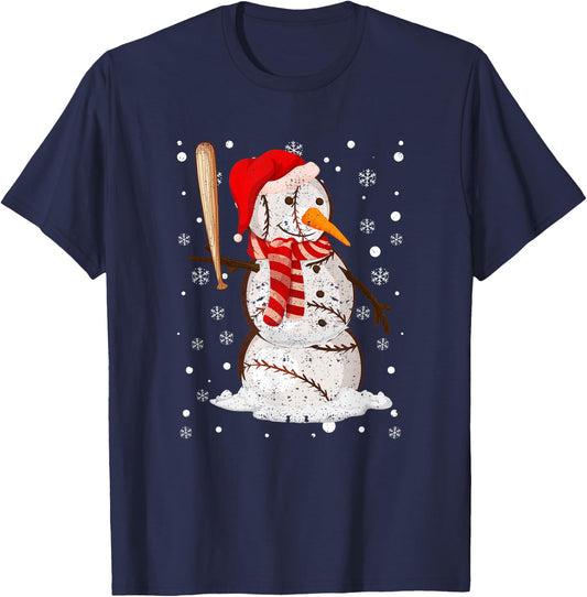 Baseball Player Snowman Balls Snow Christmas Pajama Xmas PJ T-Shirt - T-Shirt | Navy