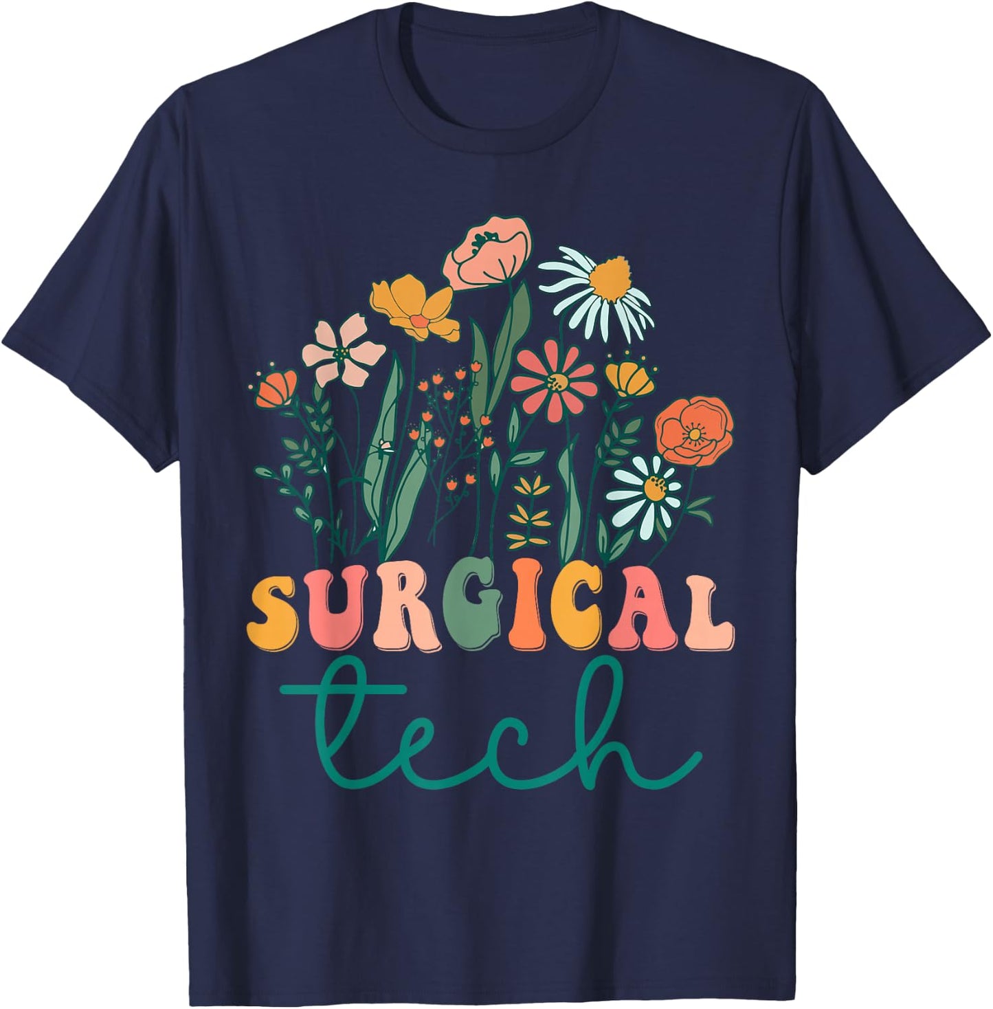 Groovy Wildflower Surgical Tech T-Shirt - T-Shirt | Navy