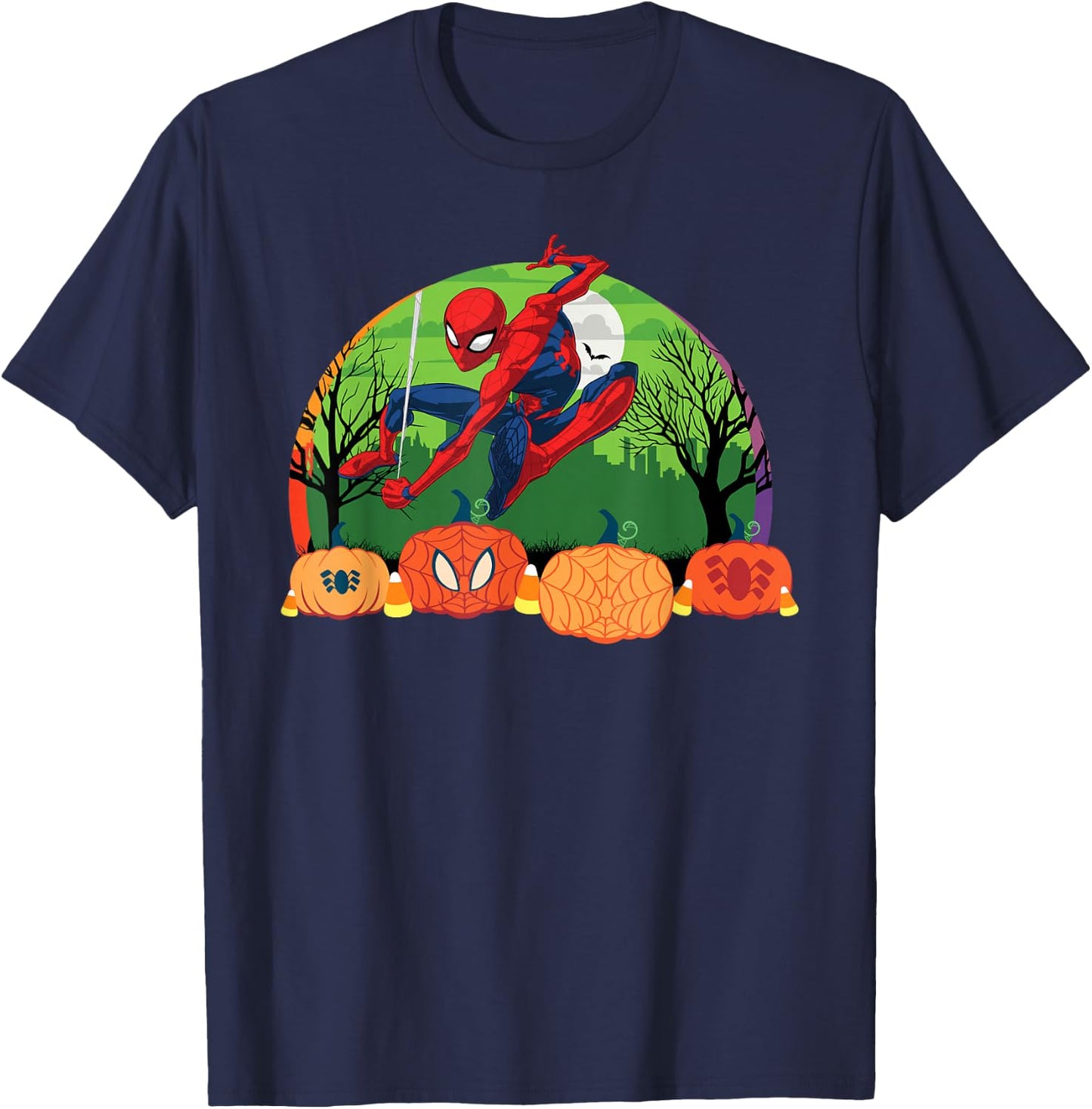 Marvel Spider-Man Spooky Halloween Night with Pumpkins T-Shirt - T-Shirt | Navy
