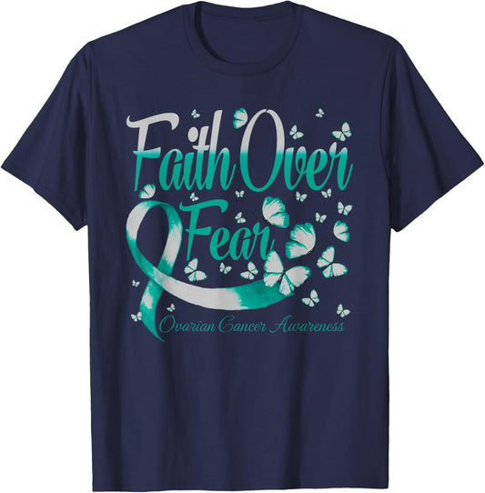 Faith Over Fear Ovarian Cancer Awareness Butterfly T-Shirt - T-Shirt | Navy